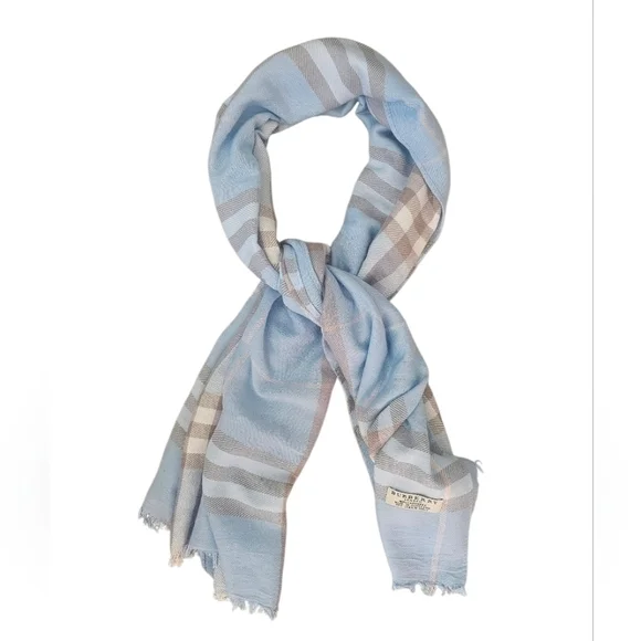 Burberry London 100% Cashmere Powder Blue Tan Cream Check Luxury Designer Scarf - Picture 1 of 5